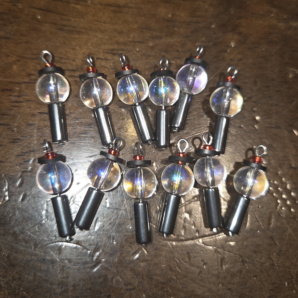Iridescent Glass Bead Charms with Hematite Cylinders (Set of 11)